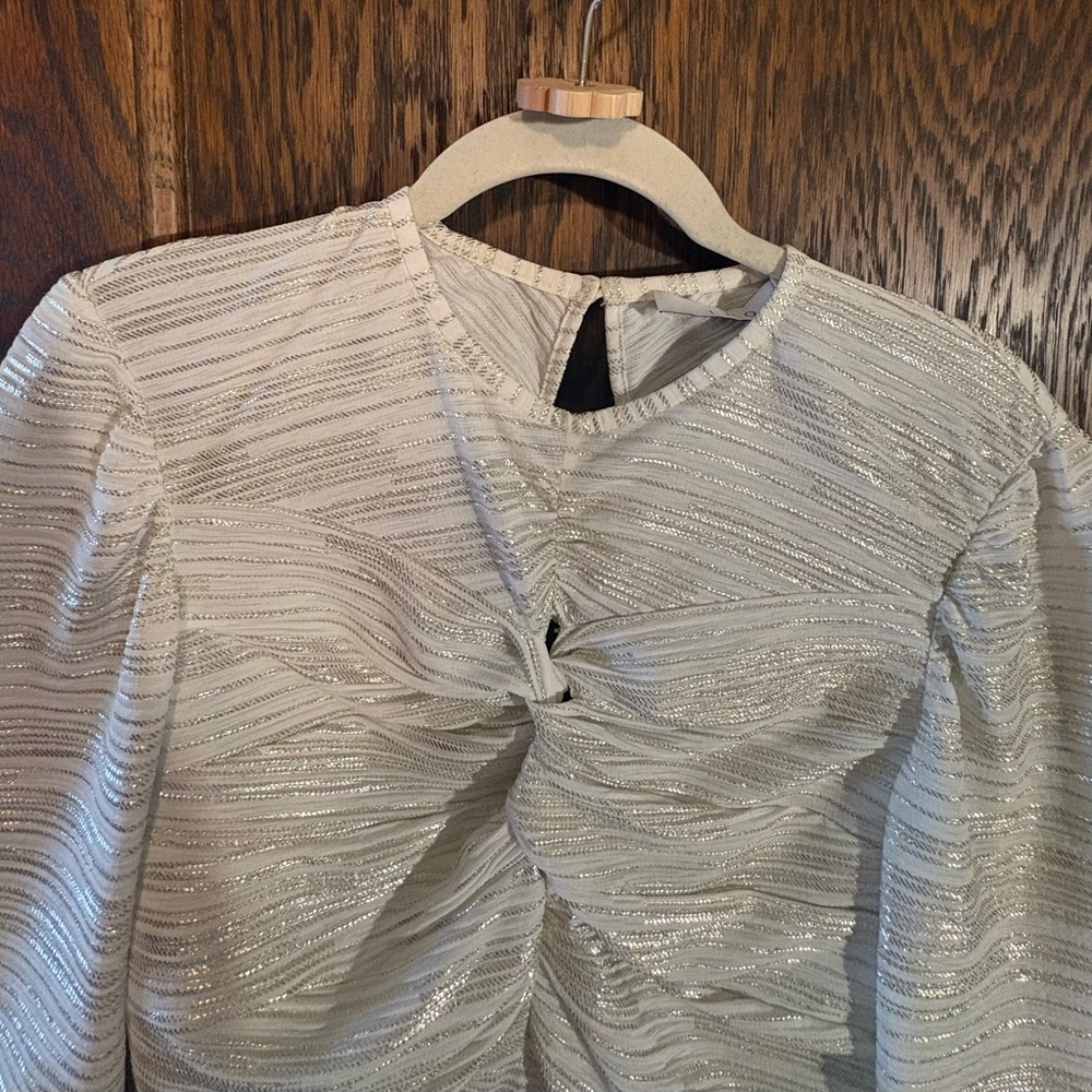 Dressy shimmery white ruched blouse with gold/silver stripes.by IRO. EUC - Picture 6 of 10